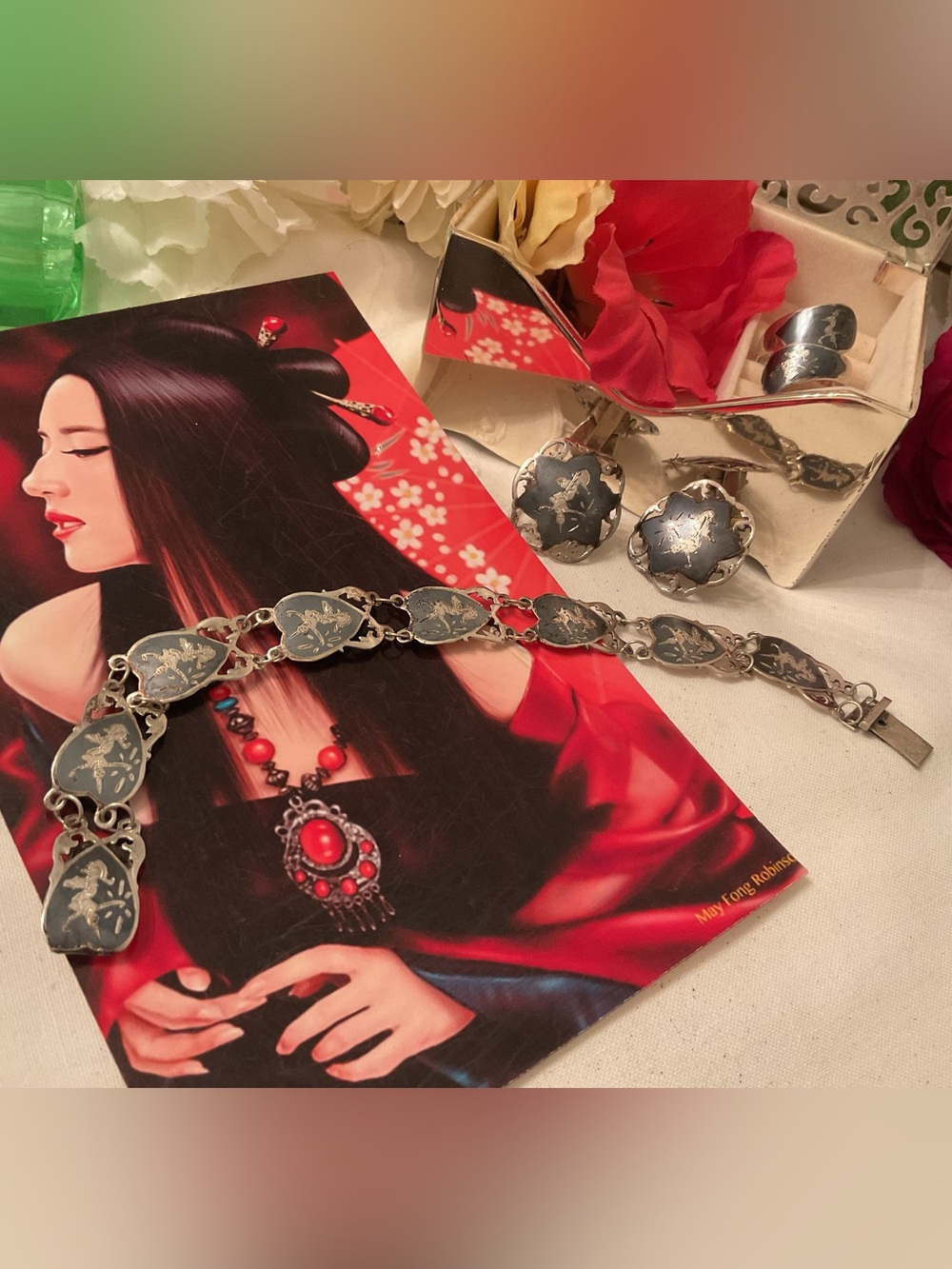 ANTIQUE 925 STERLING SIAM NIELLO DANCER 3 PIECE SET, BRACELET, RING & EARRINGS